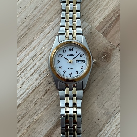 Seiko Solar Ladies Watch Round White Dial Two-Tone Bracelet Day Date Window Seiko Solar Powered Dress Watch with a two-tone stainless  main image 2